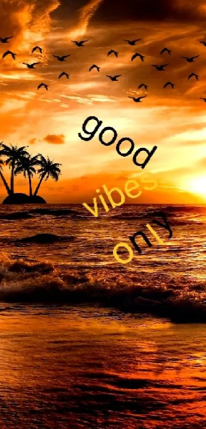 Tropical sunset wallpaper with beach and good vibes text.