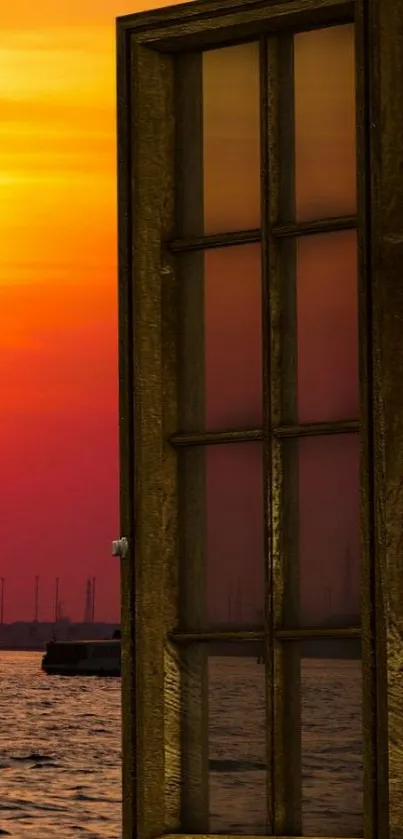 Serene sunset view through a wooden window overlooking the sea.