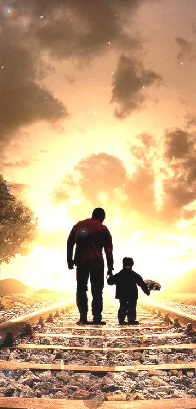 Silhouette of parent and child walking on railroad tracks at sunset.