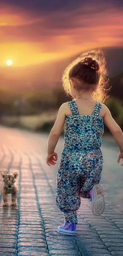 Child and kitten walking during sunset, casting warm hues.