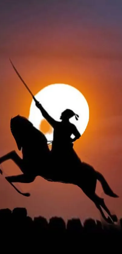 Silhouetted warrior on horse against sunset sky.