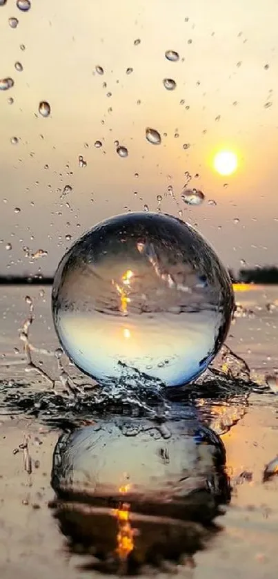 A crystal droplet reflecting a sunset on calm water.