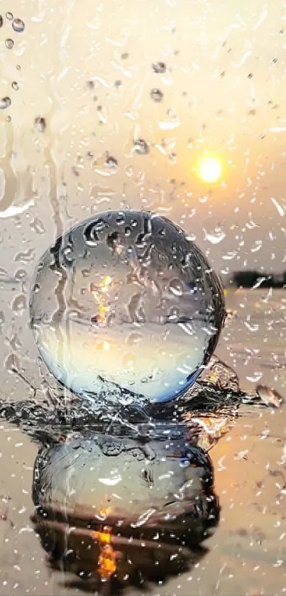 Serene sunset reflecting through a water droplet with droplets on surface.