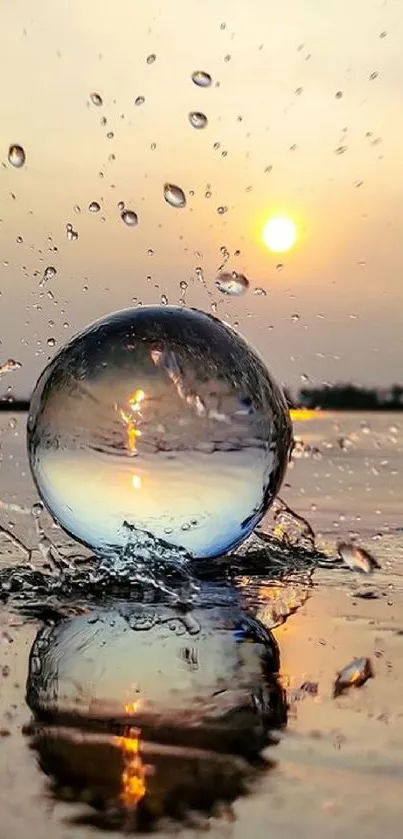 Sunset reflecting in a water droplet on a serene surface.