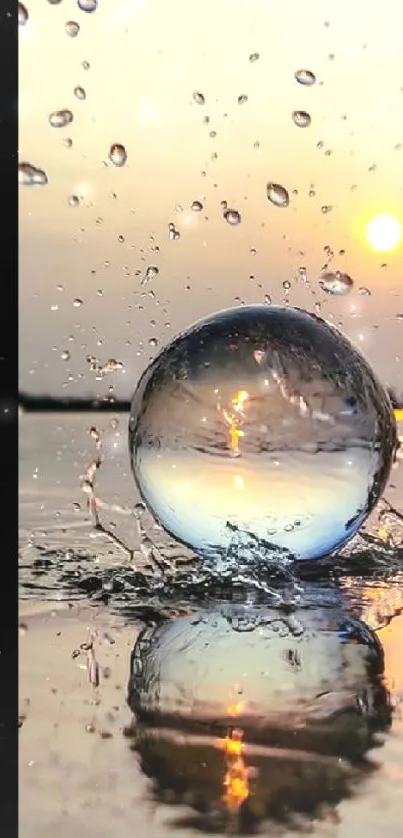 Water orb reflecting a sunset sky with droplets around, creating a serene scene.