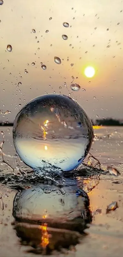 Aesthetic mobile wallpaper of a sunset reflected in a water sphere.