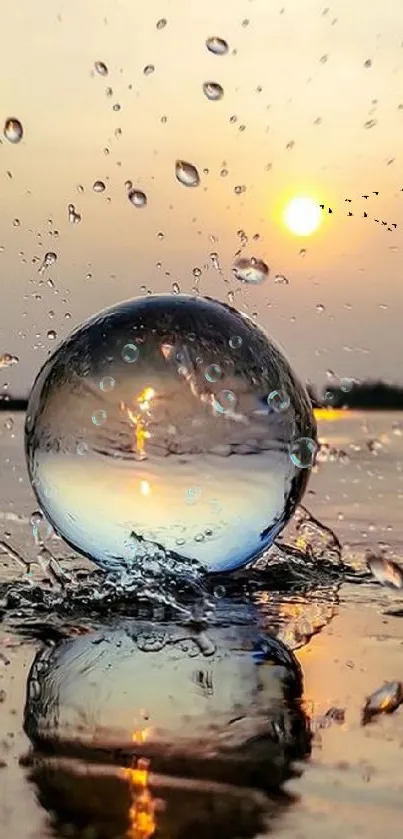 Reflective water sphere with sunset backdrop, creating a serene and artistic mobile wallpaper.