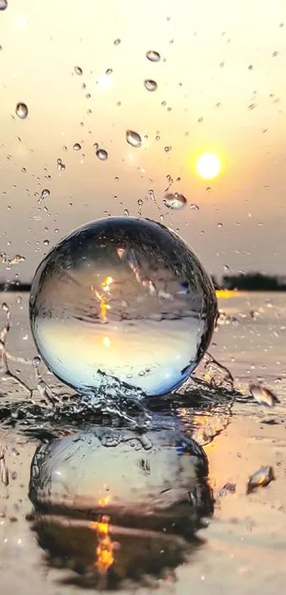 A crystal sphere reflecting a breathtaking sunset over calm water.