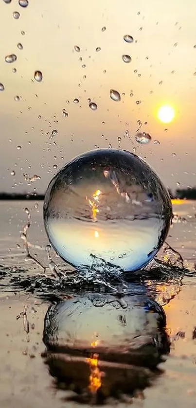 Water sphere reflecting sunset with droplets.