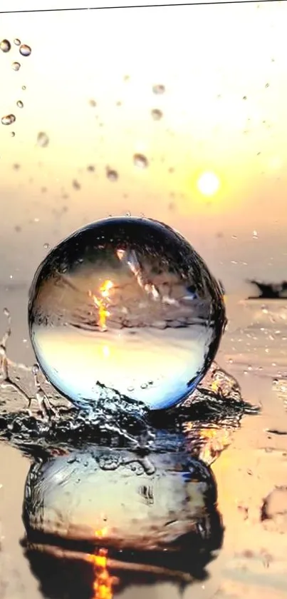 Sunset reflecting in a water sphere on a tranquil surface.