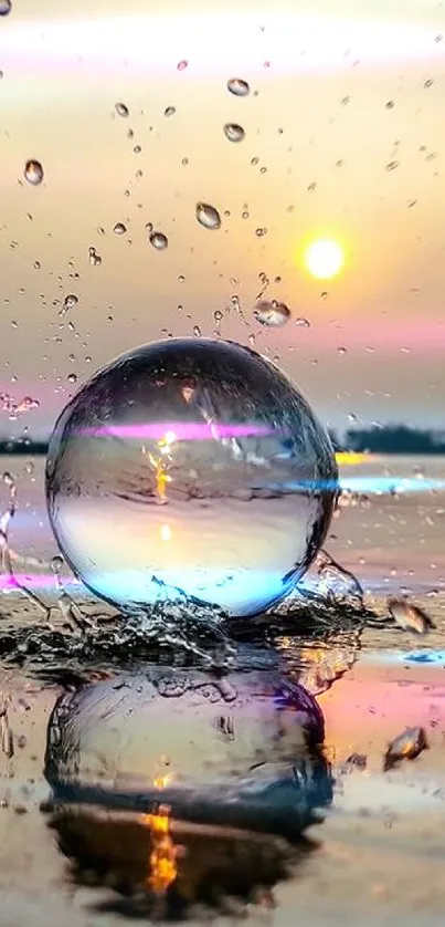 A crystal ball captures a vibrant sunset with splashing water on a reflective surface.