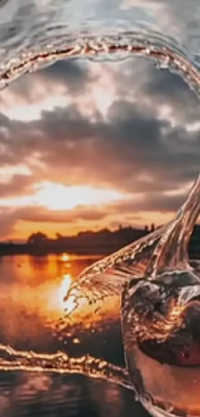 Dynamic water splash against sunset over a lake.