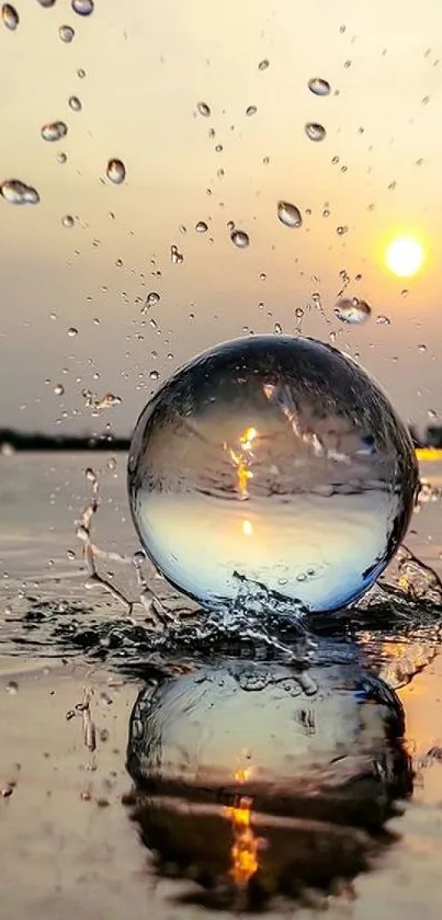 Reflective water droplet at sunset with a serene and artistic splash effect.