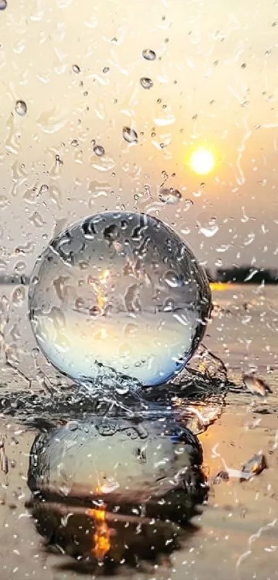 Sunset reflected in a water splash with serene surroundings.