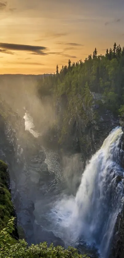 Majestic waterfall with forest at sunset.