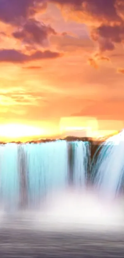 Beautiful sunset reflecting over a serene waterfall, with vibrant orange and blues.