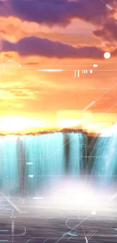 Digital art of a waterfall at sunset with glowing orange skies.