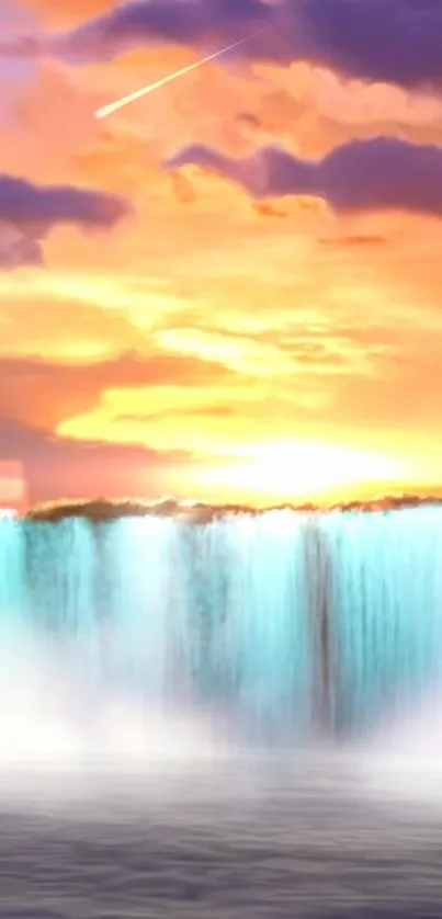 Fantasy sunset waterfall with glowing skies and serene waters.