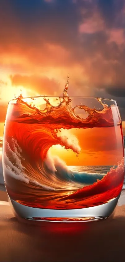 Stunning sunset wave inside a glass with vivid orange hues over a beach.