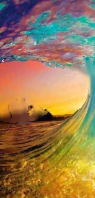 Vibrant sunset wave with tropical backdrop wallpaper.