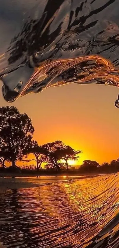 Stunning orange sunset seen through a crashing wave.