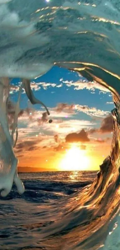 Dynamic ocean wave framing a sunset over the sea.