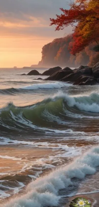 Waves crash against a rocky shore at sunset with autumn trees.