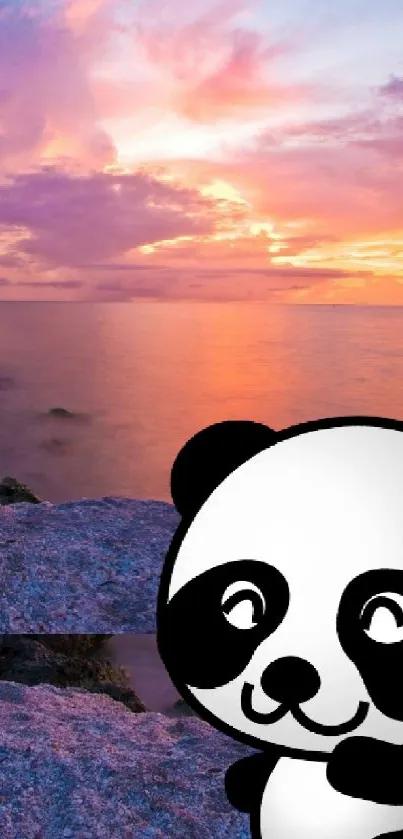 Mobile wallpaper featuring a tiger, a panda, and a vibrant sunset over the sea.