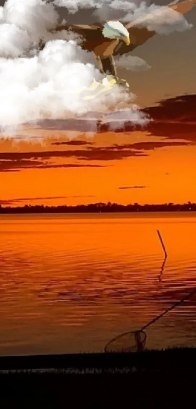 Silhouette by lake at sunset with eagle flying above.