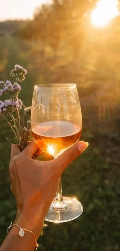 Hand holding wine glass at sunset with flowers, capturing golden hour serenity.