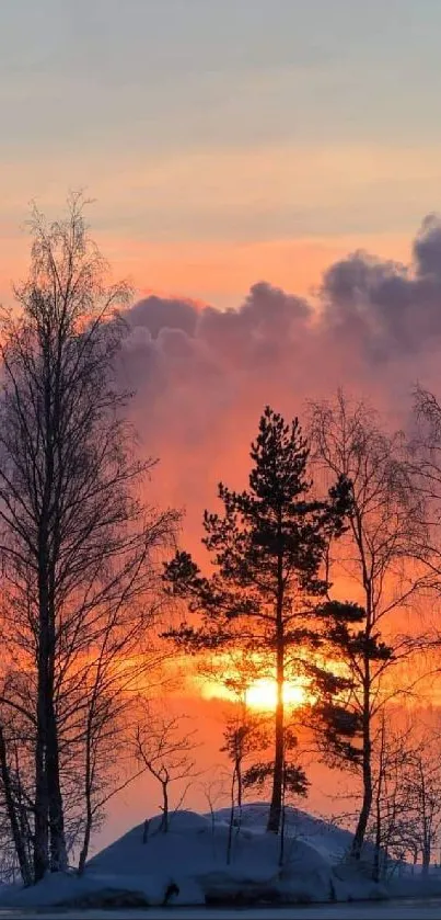 Serene winter sunset over a snowy forest landscape.