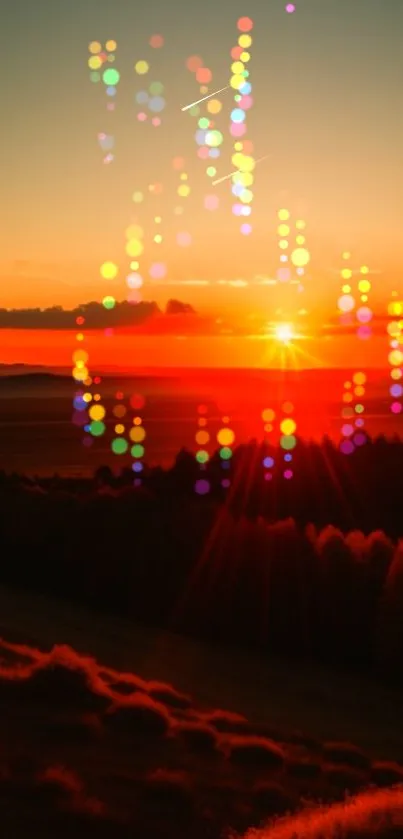 Vibrant sunset with colorful floating lights over a dark landscape scene.