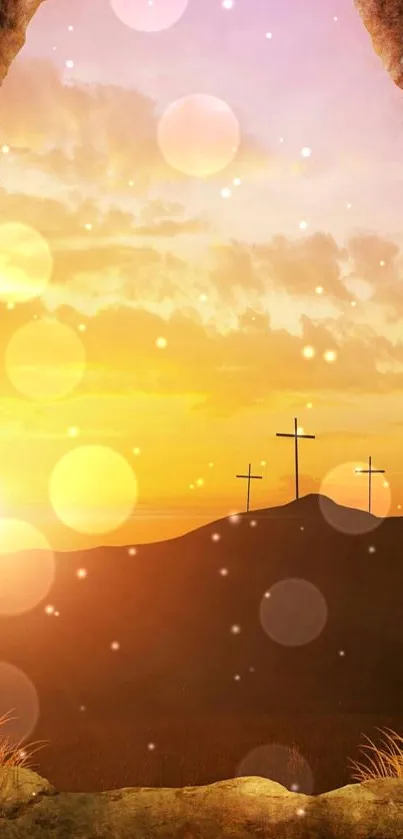 Glowing sunset with crosses silhouette on a hill in golden tones.