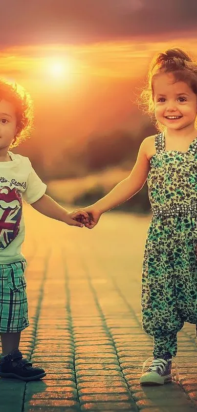 Two happy kids holding hands at sunset.