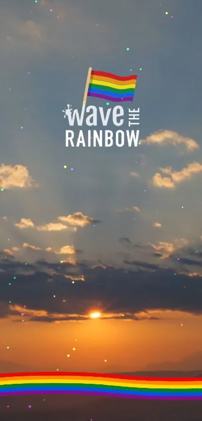 Mobile wallpaper of sunset with rainbow flag and sparkling sky.