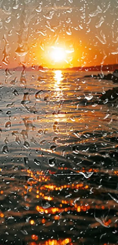 Sunset over ocean with raindrop effect on mobile wallpaper.