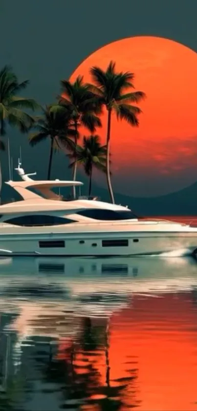 Yacht sailing at sunset with palm trees reflecting on water.
