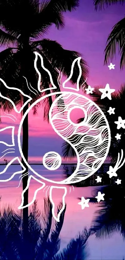 Mobile wallpaper with yin yang, palm trees, and purple sunset.