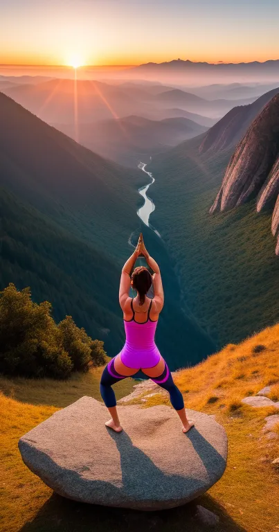 Woman practicing yoga on a mountain at sunset.