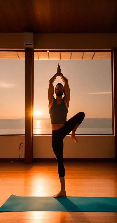 Man in yoga pose with sunset reflection on wooden floor.