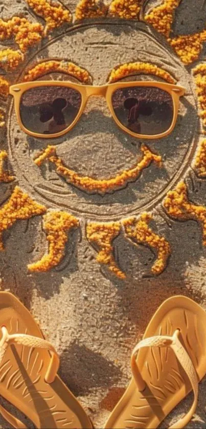 Sun-shaped sand art with sunglasses