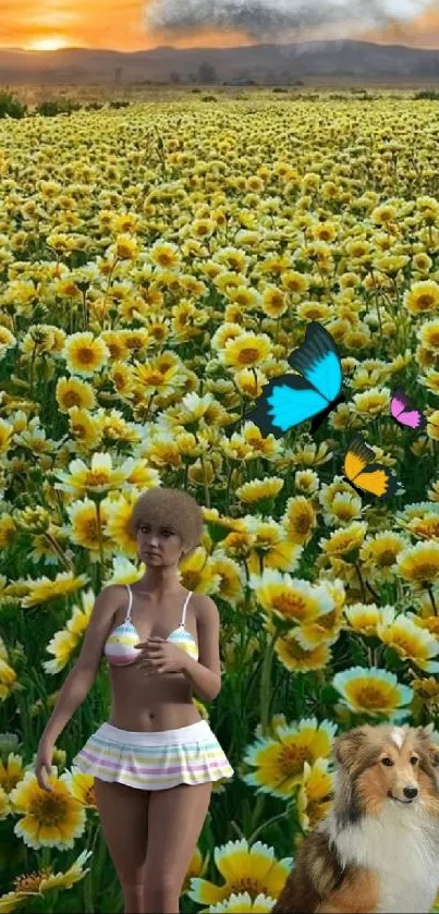 Yellow flower field with butterfly, woman, and dog under sunset.