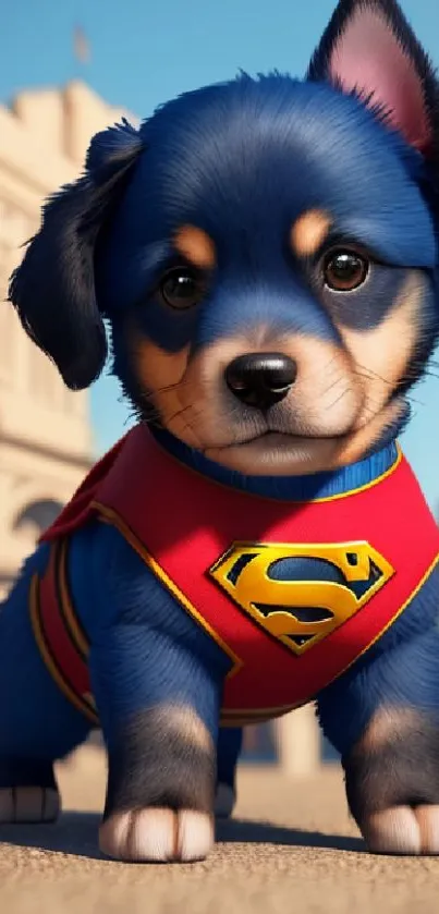 Superhero puppy in a red cape with a city background.