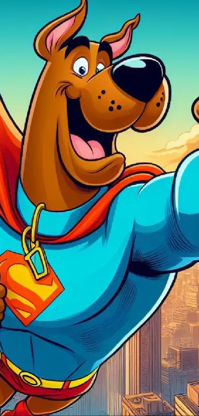 Superhero dog flies over city in animated wallpaper.