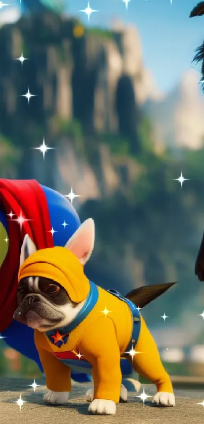 Dogs in superhero costumes on a colorful background.