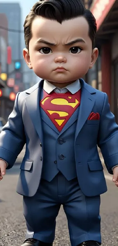 Kid in suit with superhero emblem in urban setting.