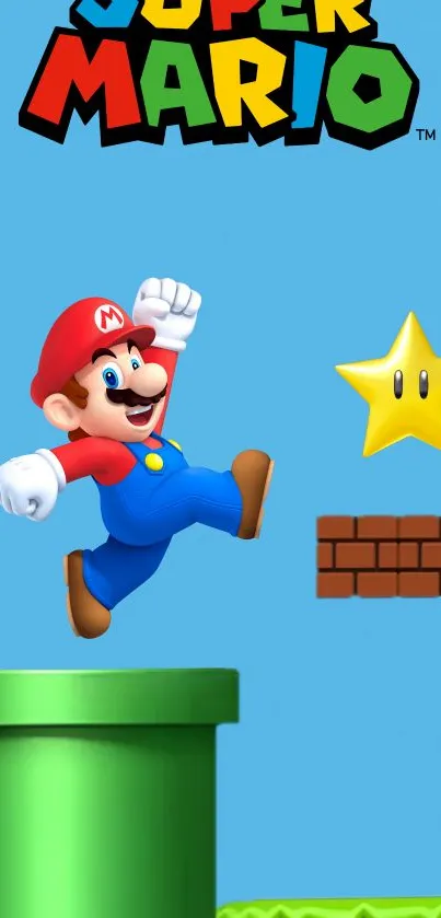 Super Mario jumping with star on blue background, iconic game design.