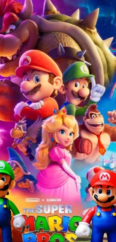 Super Mario Bros movie characters on vibrant wallpaper.