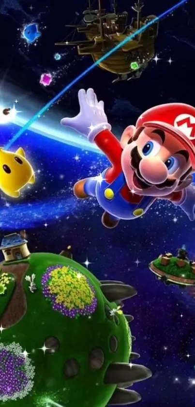 Super Mario in a galactic adventure on a vibrant mobile wallpaper.