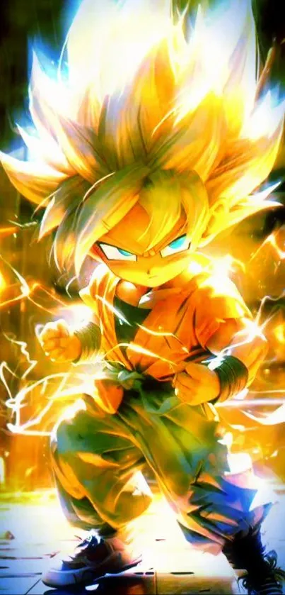 Super Saiyan anime character with electric aura in dynamic stance.